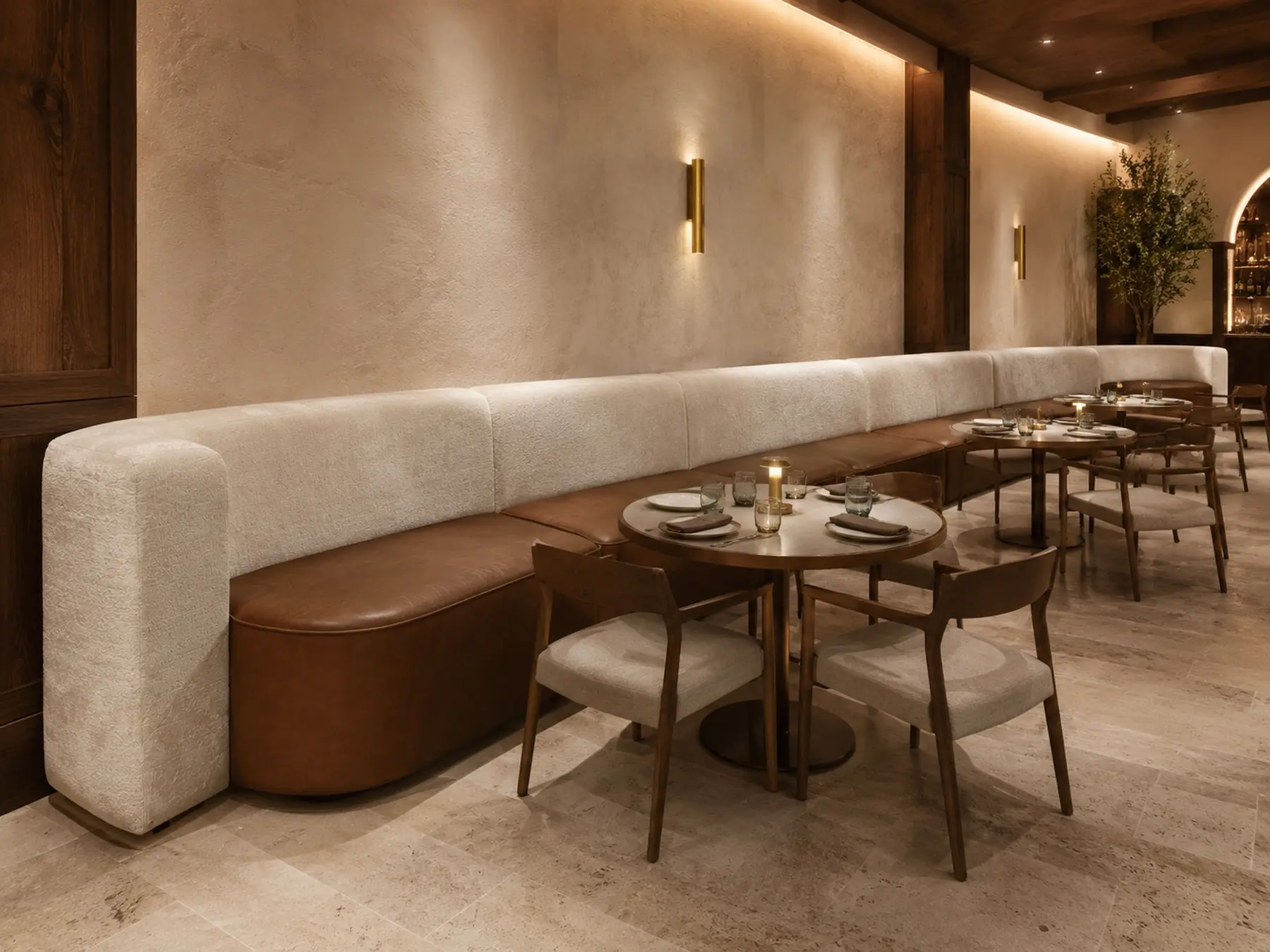 Custom curved banquette seating concept for a refined commercial interior